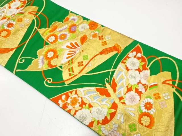 JAPANESE KIMONO / ANTIQUE FUKURO OBI / SILK / WOVEN BUTTERFLY & FLOWER